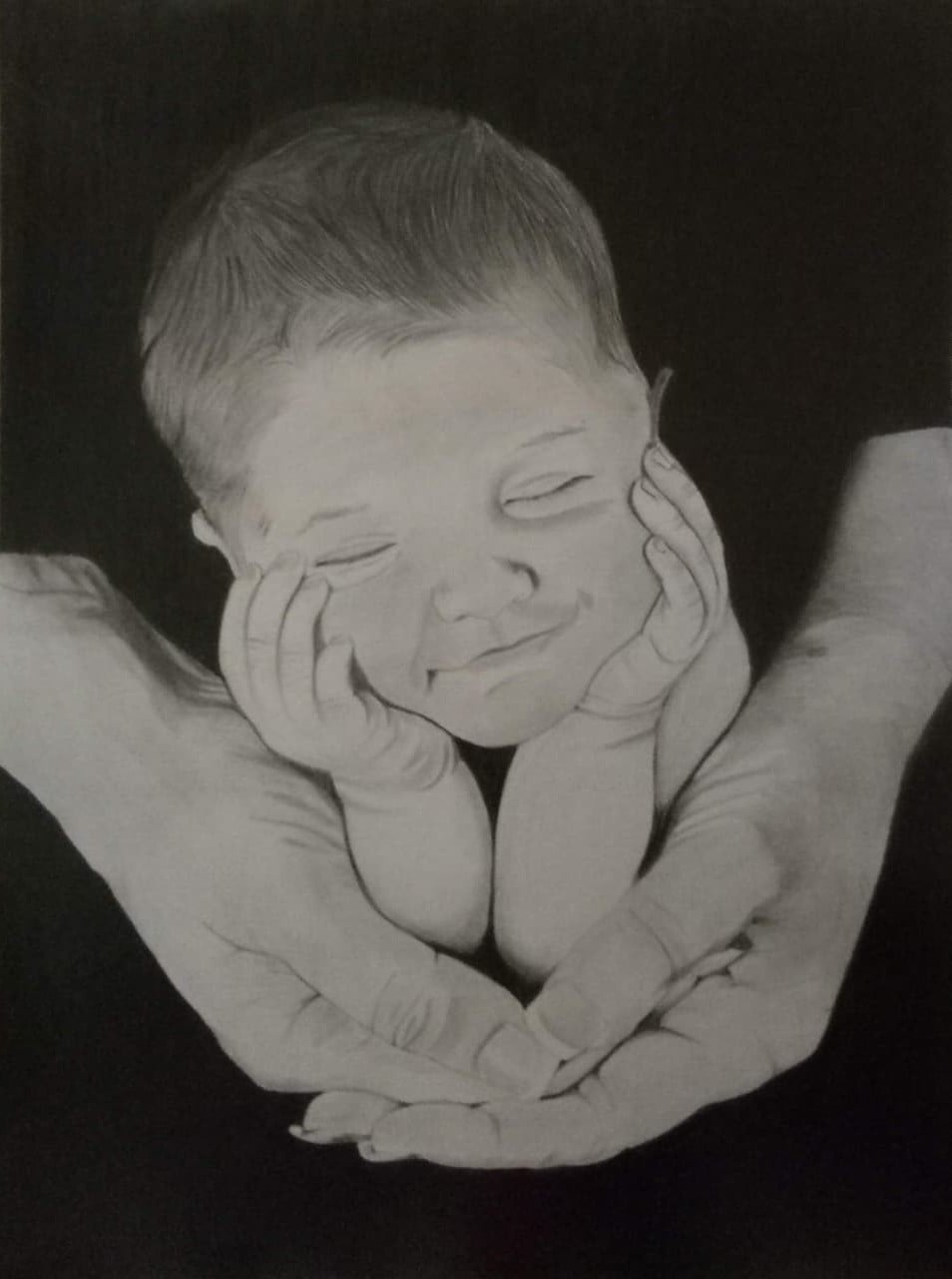 Pencil drawing of a newborn held in adult hands