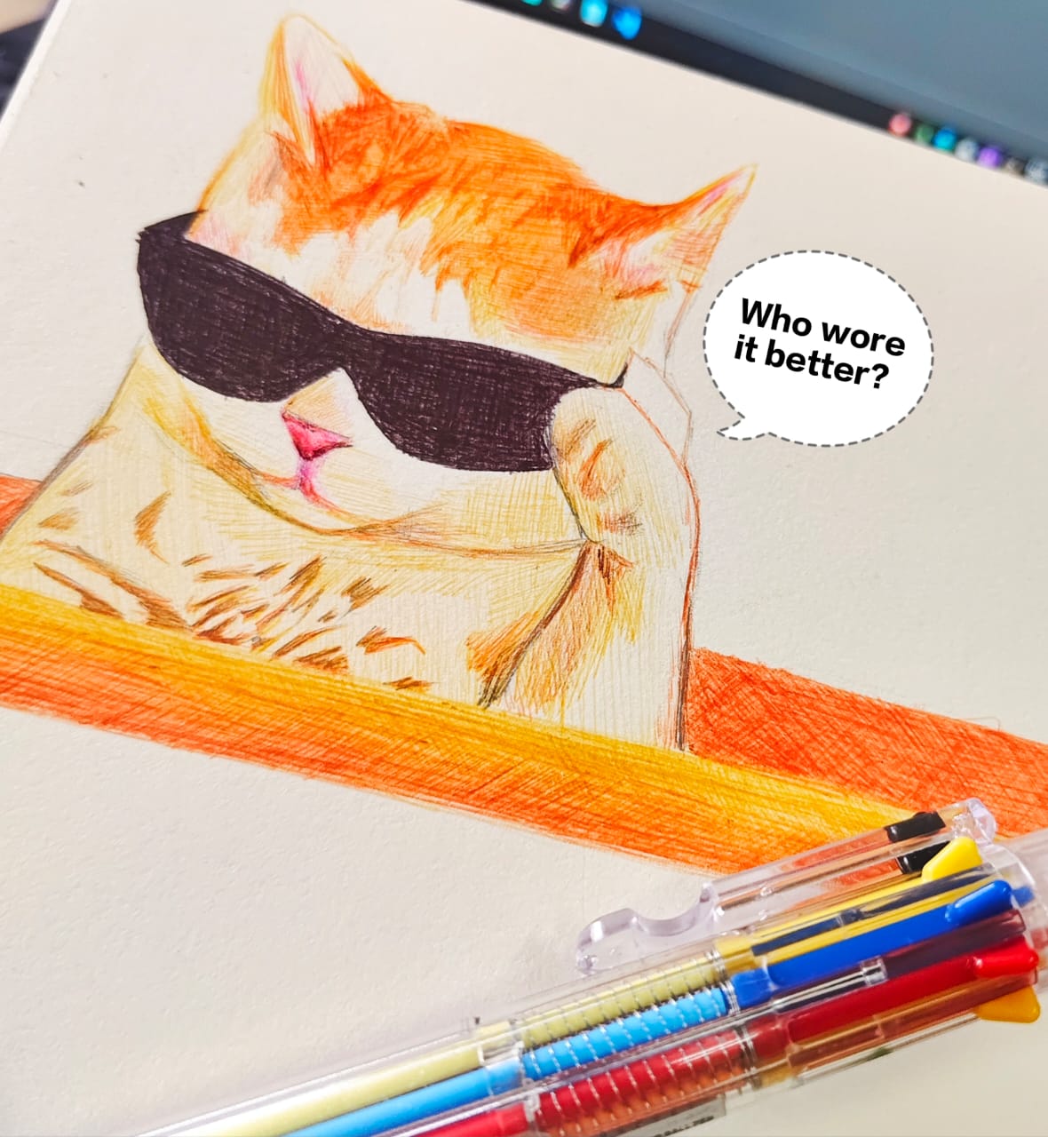 Drawing of a tabby cat in sunglasses